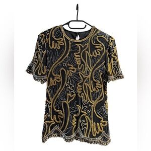 Vintage 80s Black Beaded Sequin Top Art Deco Style Embroidered Blouse